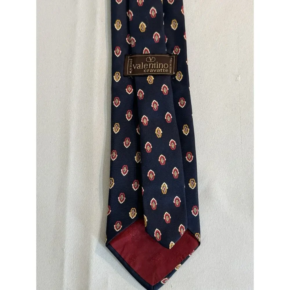 Vintage Valentino Cravatte Silk Tie -Classic Navy Red & Gold Detail Quiet Luxury